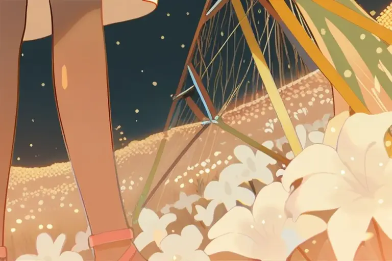1girl, standing in flower field, dreamy bokeh background, glossy smooth style, soft focus, atmospheric depth, gentle light particles, warm anime scene