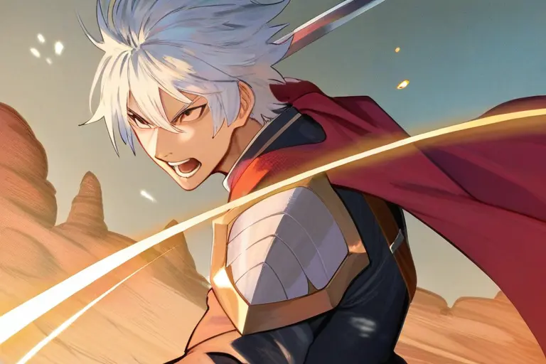1boy, action pose, sword draw, male focus, dynamic composition, dramatic cape flow, battle stance, intense energy, powerful movement, anime action art