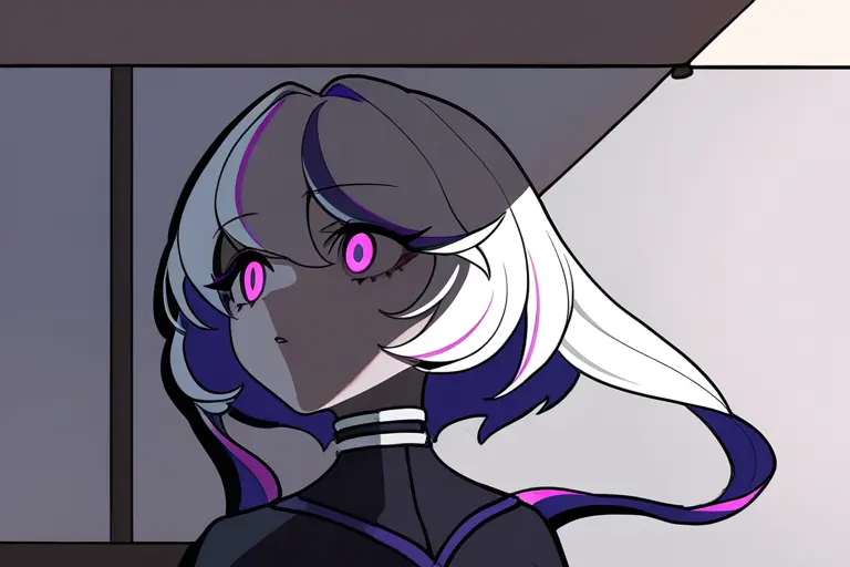1girl, dramatic pose, high contrast lighting, glossy sharp finish, hard shadow edges, bright highlights against dark, theatrical lighting, dynamic anime art