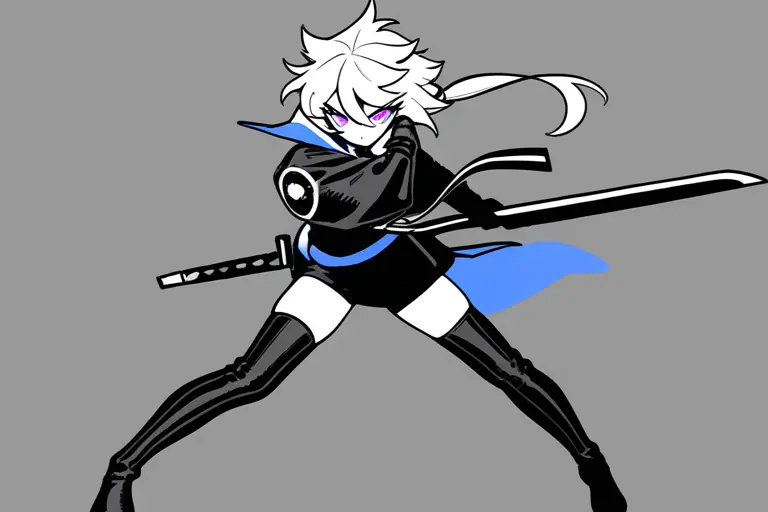 1girl, battle pose, sword, glossy sharp finish, gaming art style, bold action composition, high contrast, sharp details, dynamic anime game character