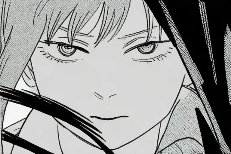 1girl, close-up face, rough jagged lines, chainsaw man manga, aggressive linework, raw pen strokes, unpolished energy, tense line quality, gritty manga art