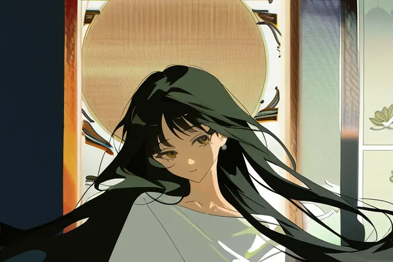 1girl, elegant portrait, muted painterly fusion, gallery quality, frame-worthy composition, rich textures, warm earth tones, fine art anime print