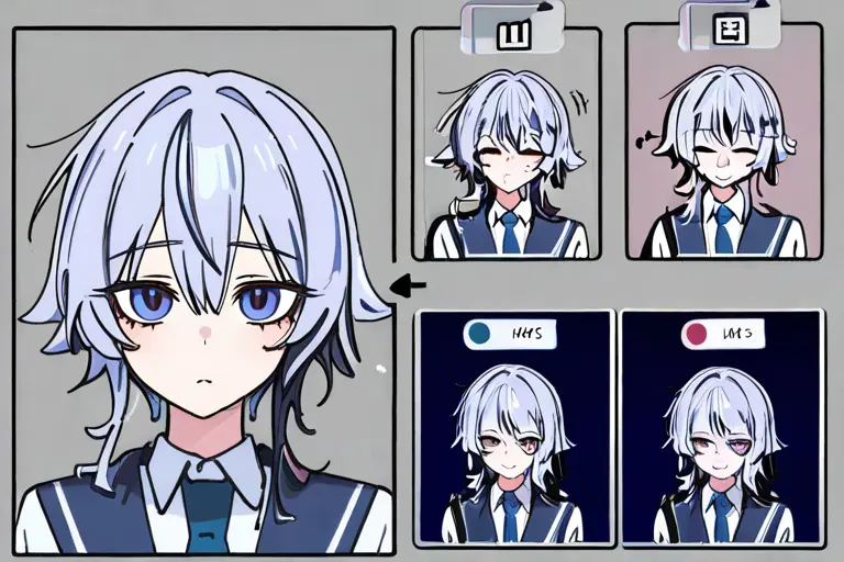 1girl, character design sheet, front view, cel shaded anime, clear design presentation, visible color choices, clean reference sheet, anime character documentation
