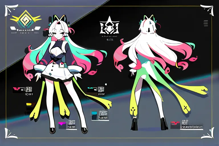 1girl, original character design, full body, unique outfit, distinctive hair color, bright vivid style, character showcase, detailed accessories, polished rendering, vibrant, high quality