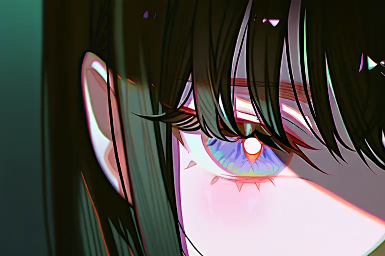 1girl, close-up face portrait, smooth gradient shading on skin, polished render, detailed eyes with light reflections, soft blush, flowing dark hair with glossy highlights, studio lighting, anime illustration