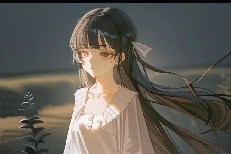 1girl, in garden, atmospheric soft haze, soft delicate style, blurred edges, warm protective glow, gentle depth, no harsh shadows, dreamy anime scene
