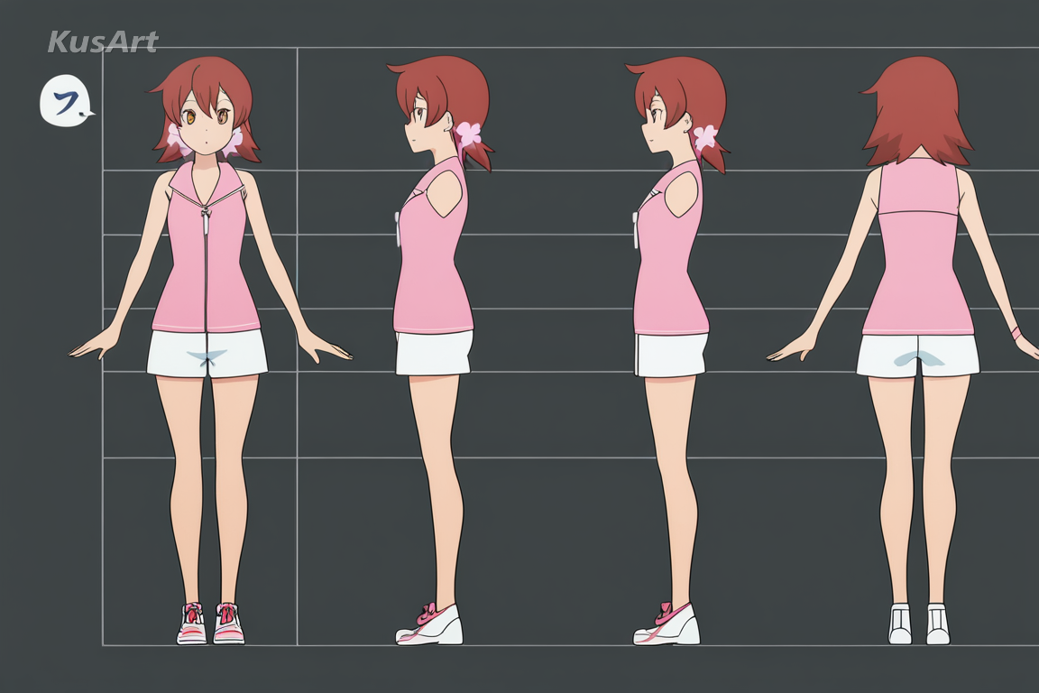 character turnaround pose, frontal and three quarter, arms clear of torso, neutral stance, reference sheet, high quality, masterpiece