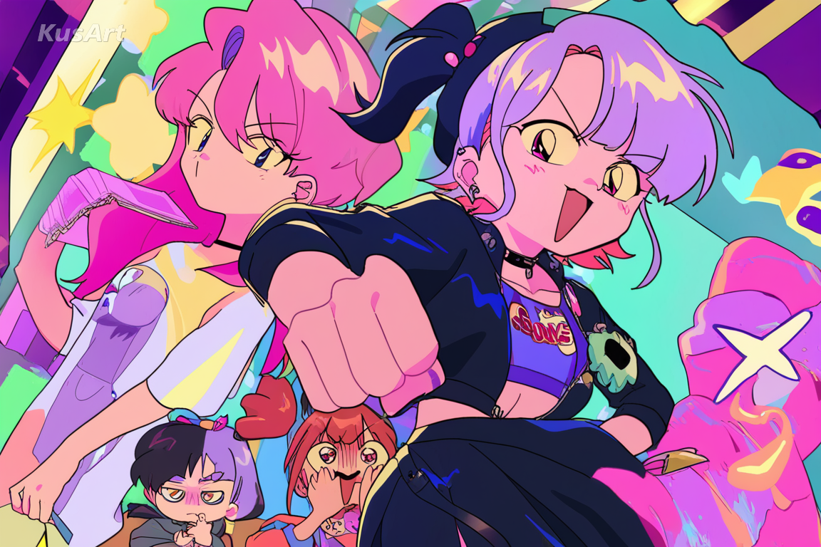 1girl, fully saturated magenta and cyan palette, no colour grading, bold hues, retro anime poster art, high quality, masterpiece