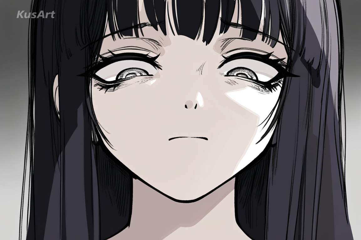 portrait, underworked simplified face, simple nose line, small mouth, pale flat skin, goth anime, high quality, masterpiece