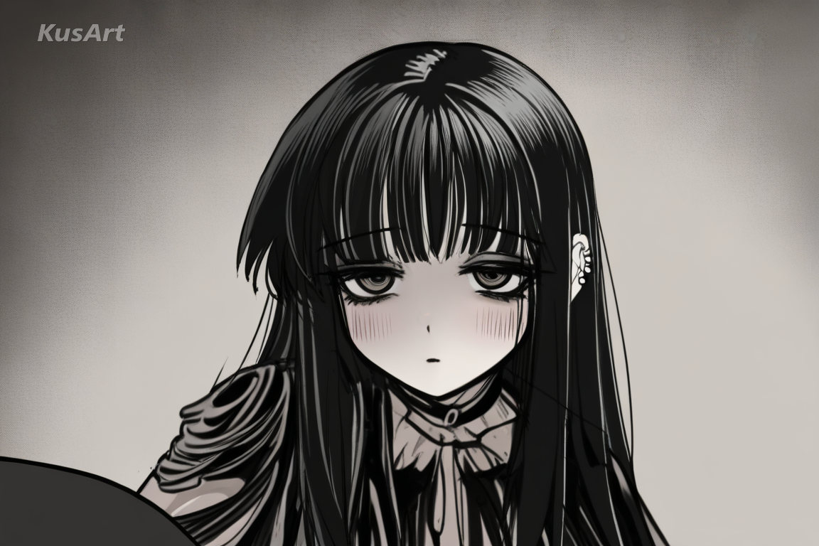 unsettling character, flat doll eyes, ordinary setting, quiet horror mood, muted palette, goth anime, high quality, masterpiece