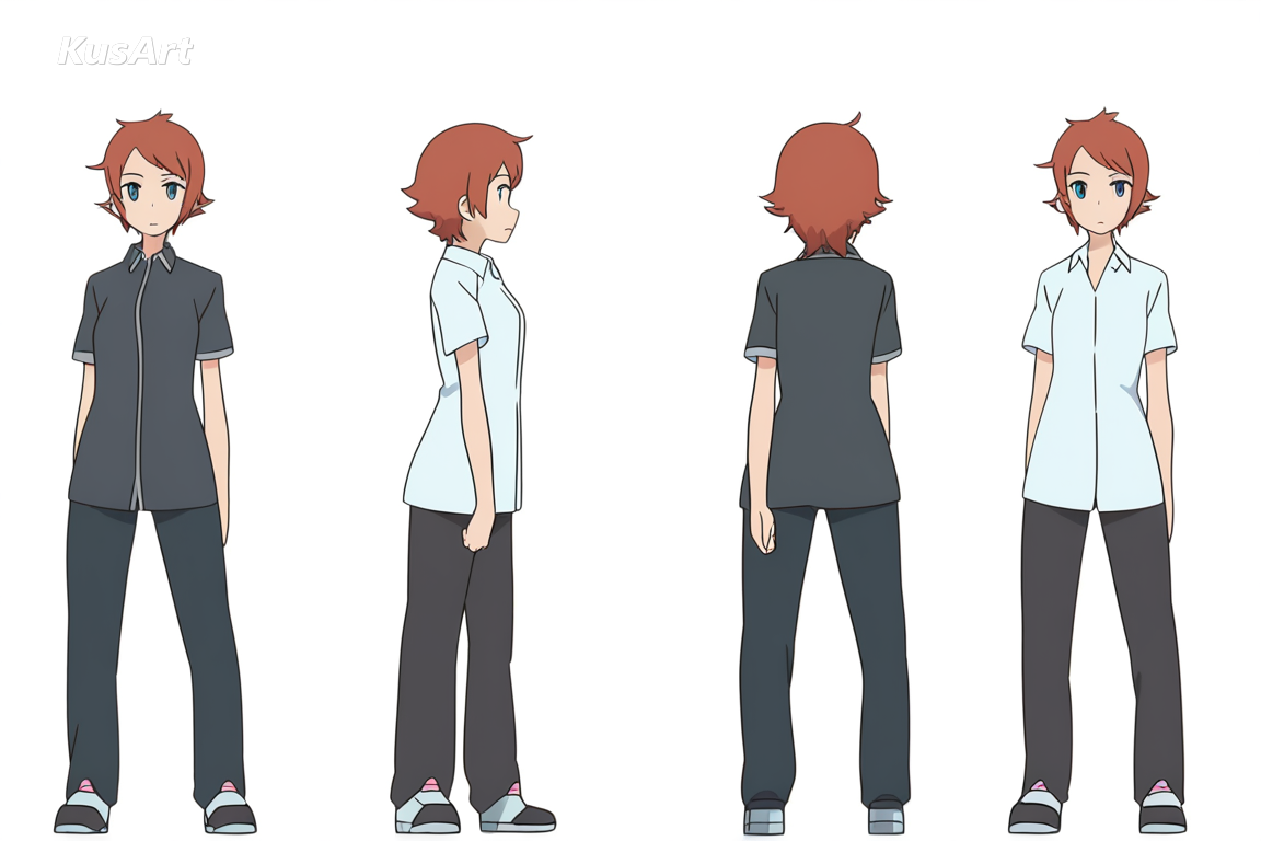 character turnaround sheet, front and three quarter views, even lighting, neutral pose, flat cel, plain background, high quality, masterpiece