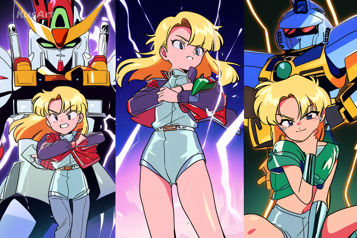 mecha armour, gold and chrome surfaces, hard cel panels, dramatic lightning background, retro anime poster, high quality, masterpiece