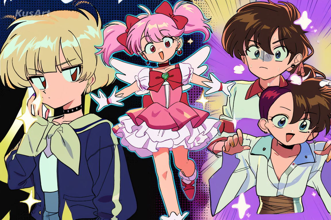 1girl, magical girl transformation, ribbons and sparkles, magenta cyan light, hard cel shading, retro anime, high quality, masterpiece