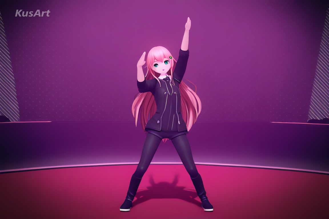 1girl, dance pose, virtual stage, key and rim lighting, MMD style 3D render, motion pose, high quality, masterpiece