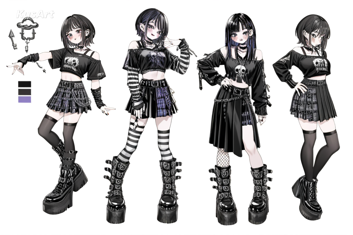 goth punk wardrobe, pleated skirt, striped tie, layered chokers, platform boots with buckles, detailed hardware, high quality, masterpiece