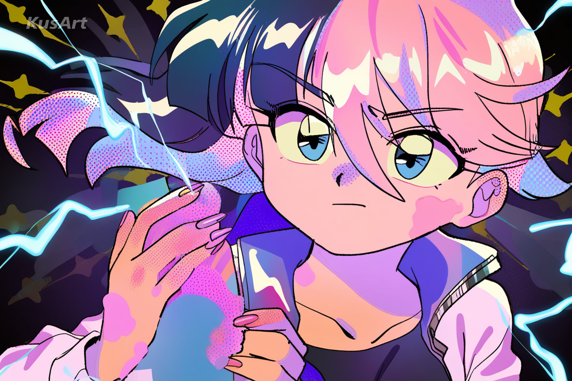 1girl, abstract starburst background, lightning field, pure colour wash, character pushed forward, retro anime poster, high quality, masterpiece