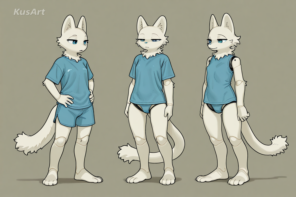 anthro character standing upright in full colour, directional fur flow outward from the snout, longer ruff, short fur at joints, painted fur rendering, wearing clothes, high quality, masterpiece