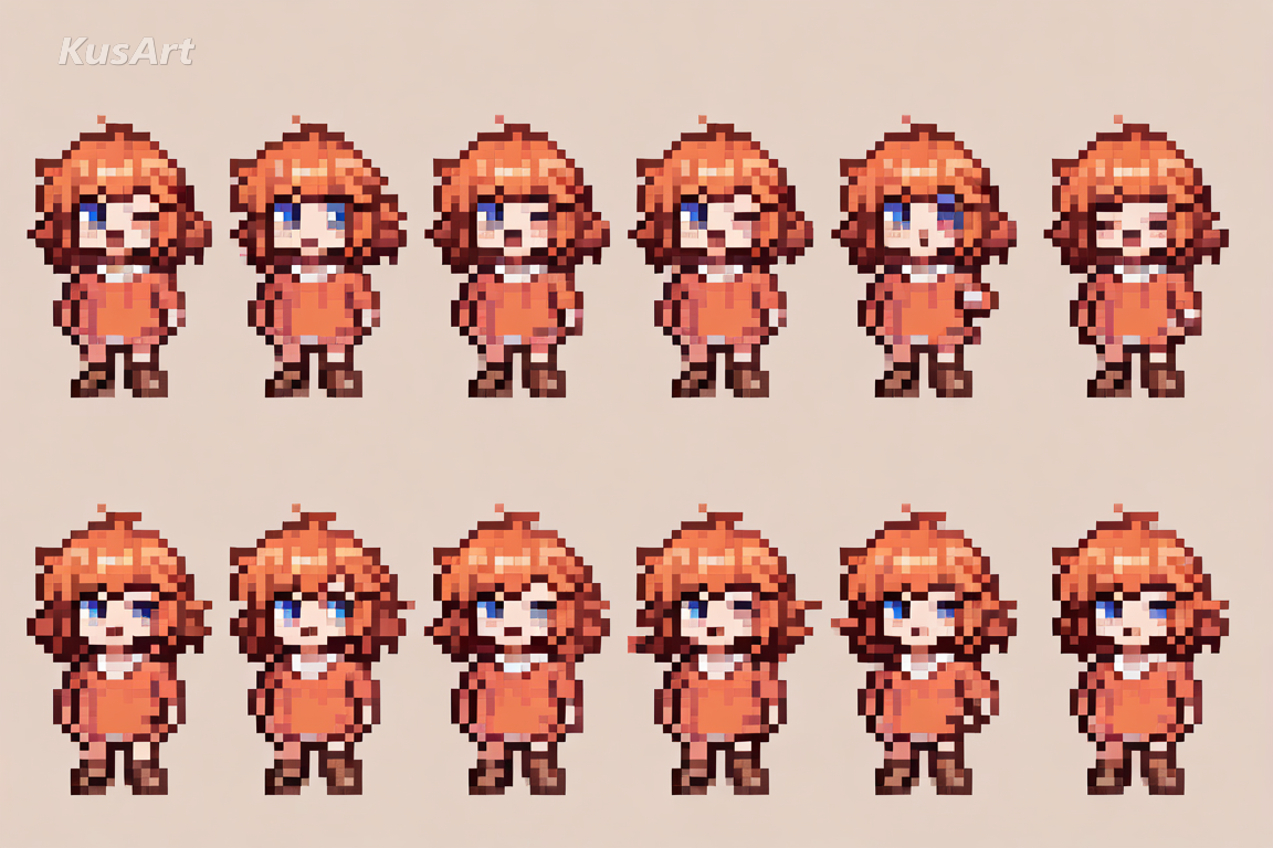 1girl pixel art character emote set in full colour, expressive character faces, chat sticker sheet, limited palette, retro game style, clothed, high quality
