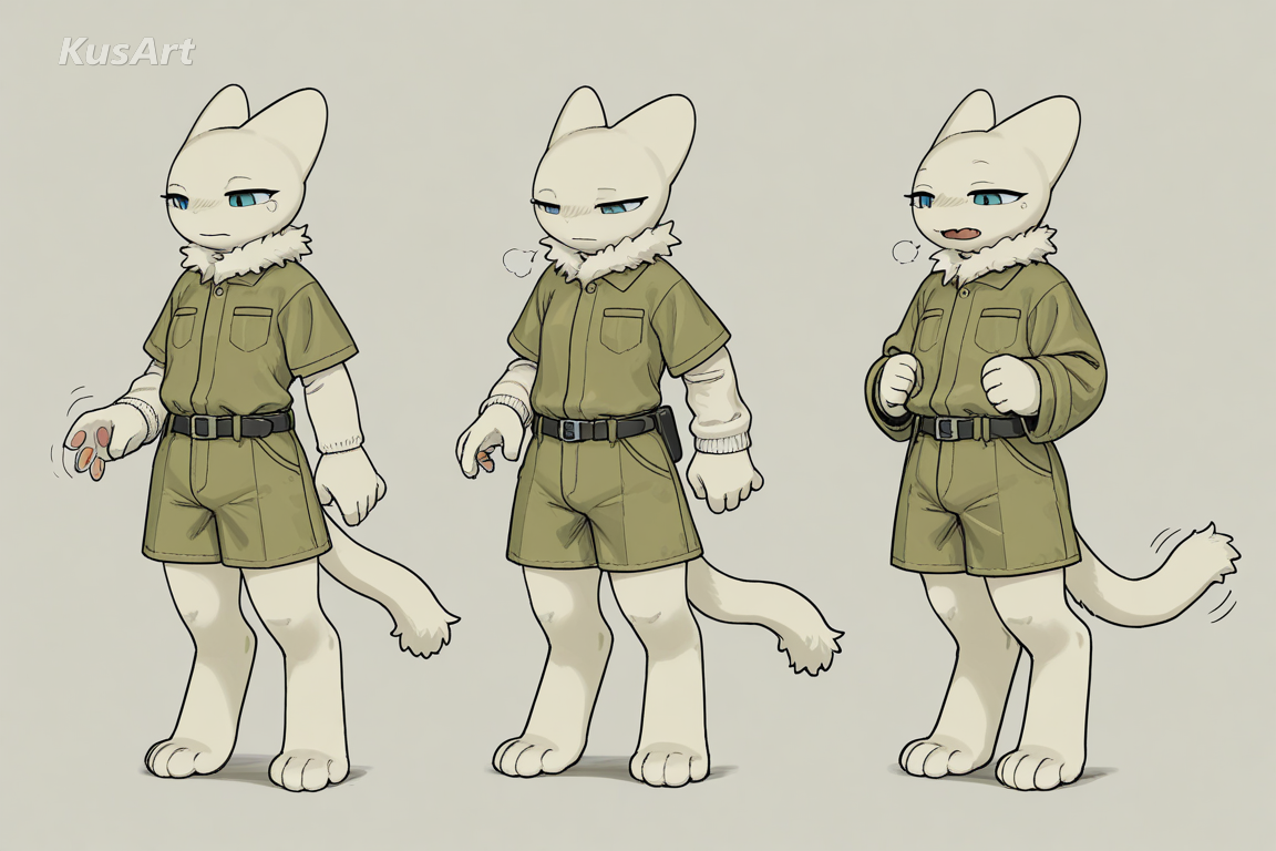 clothed anthro character in full colour, fur compressed under collar and belt, fluffing at hem, fabric over fur, painted rendering, high quality, masterpiece