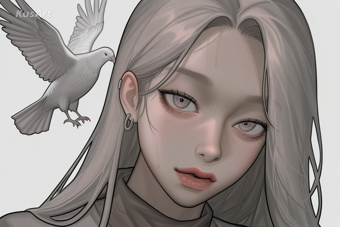 character in colour, high key muted palette, dove grey and bone white, low contrast, oil painting portrait, high quality, masterpiece
