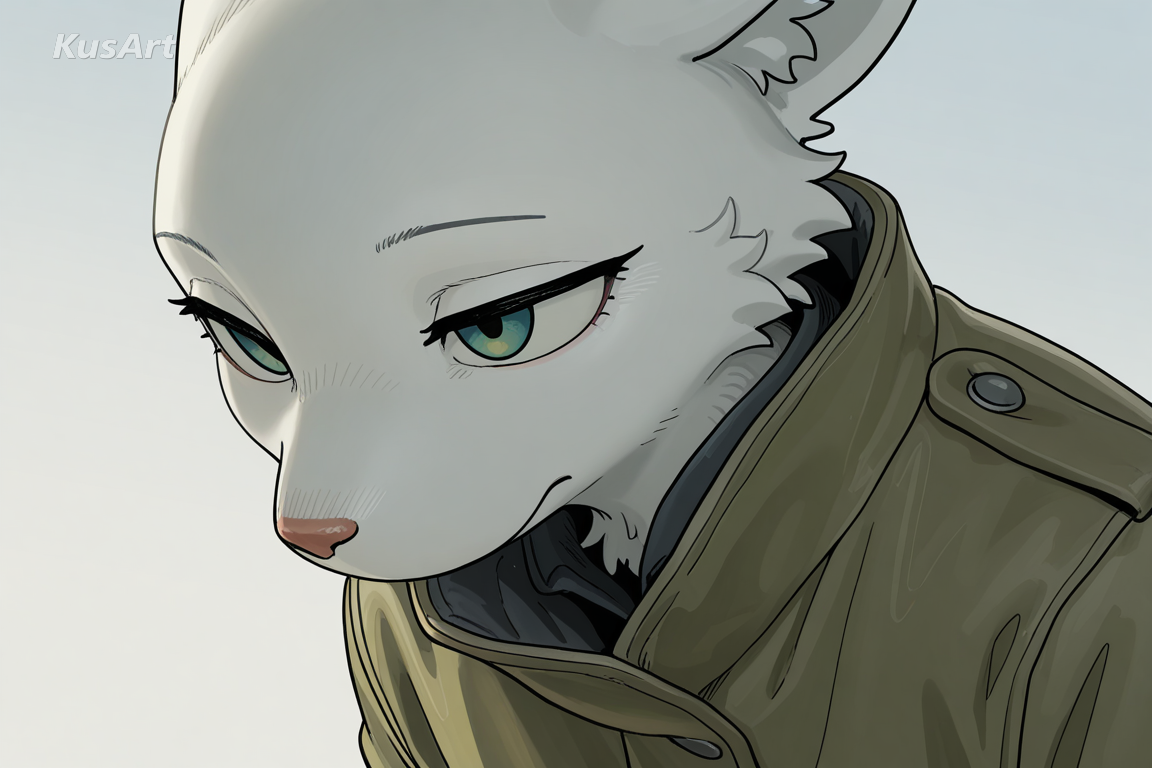 close-up of anthro character in full colour, guard hairs over dense undercoat, two layer fur, light catching longer hairs, painted rendering, high quality, masterpiece