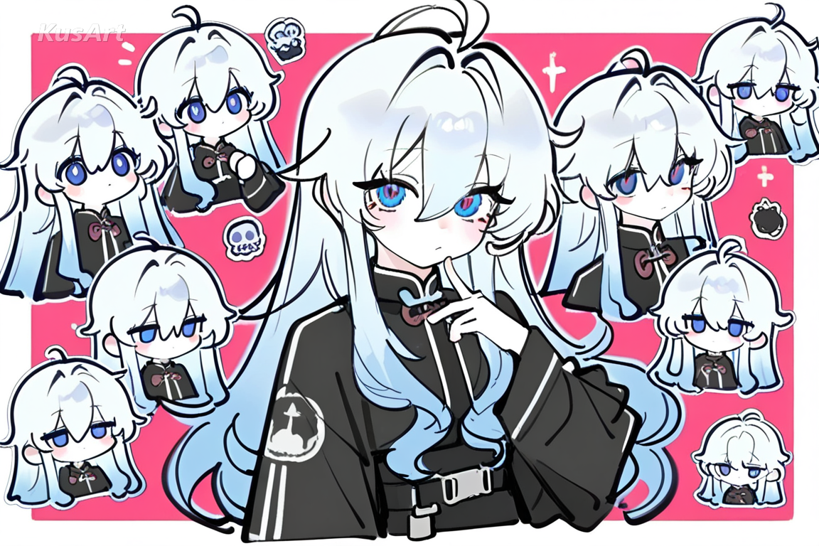 character in colour, sticker cutout elements with white borders, overlapping main figure, layered design, high quality