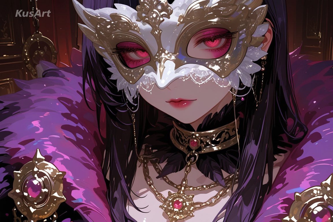 masquerade costume in colour, feathered collar, ornate mask, chained jewellery, rendered detail, high quality, masterpiece
