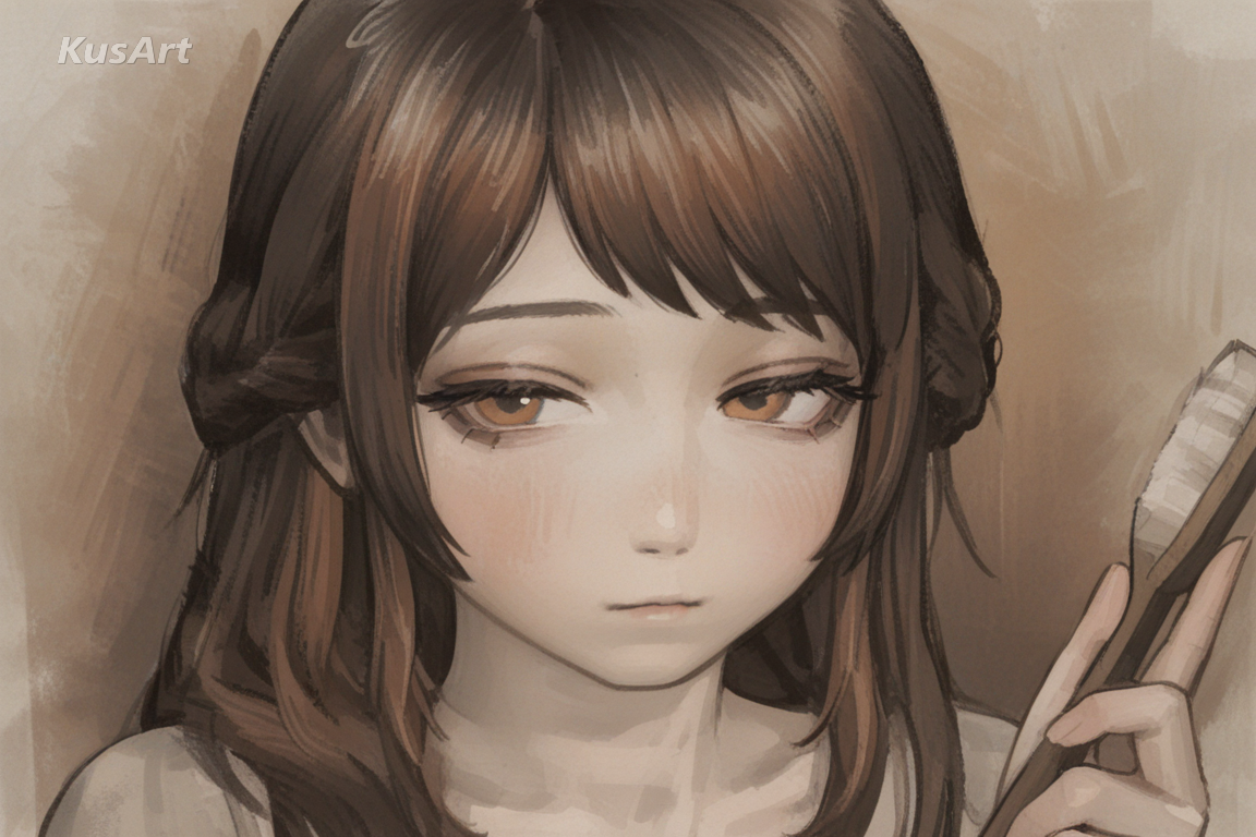 portrait in colour, warm earthy palette, ochre and dusty rose, brown darks, dry brush texture, high quality, masterpiece