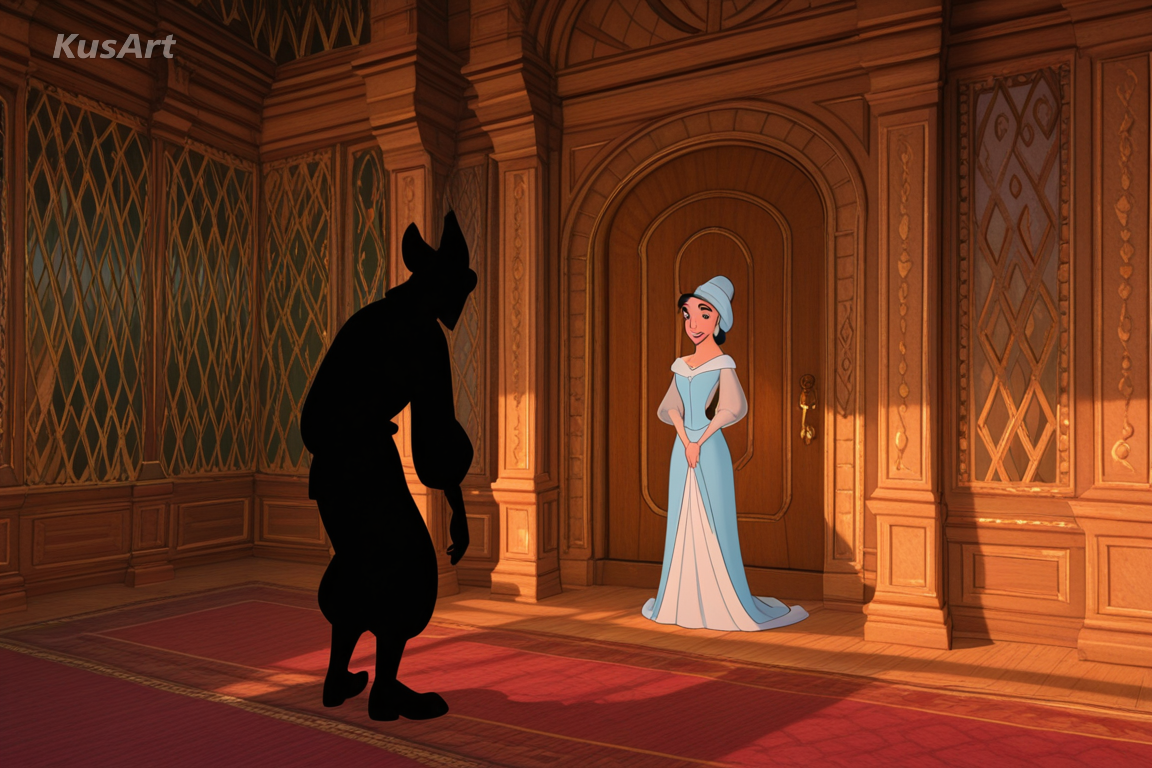 character in full colour, staged interior environment, props at believable scale, depth falloff, consistent shadows, 3D animation, high quality, masterpiece