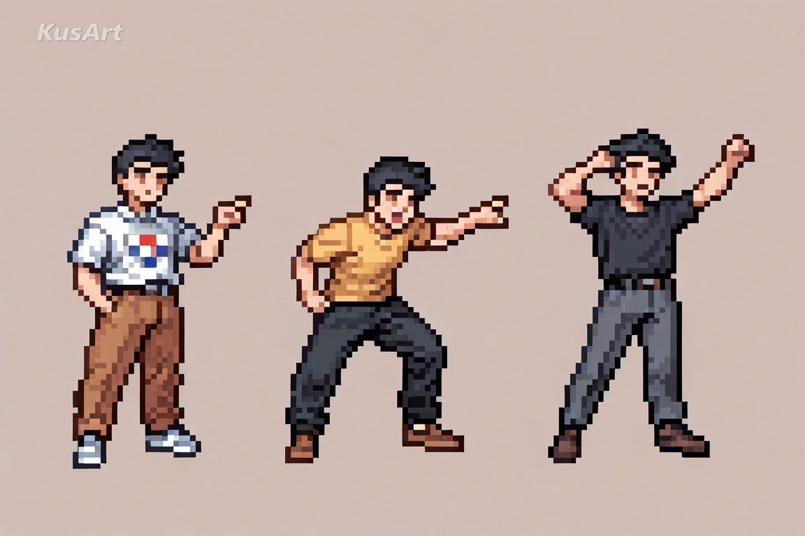 1boy character in full colour pixel art, checkerboard dithering on clothing, two tone blend, hand placed pixels, volume without gradient, retro game character sprite, fully clothed, high quality