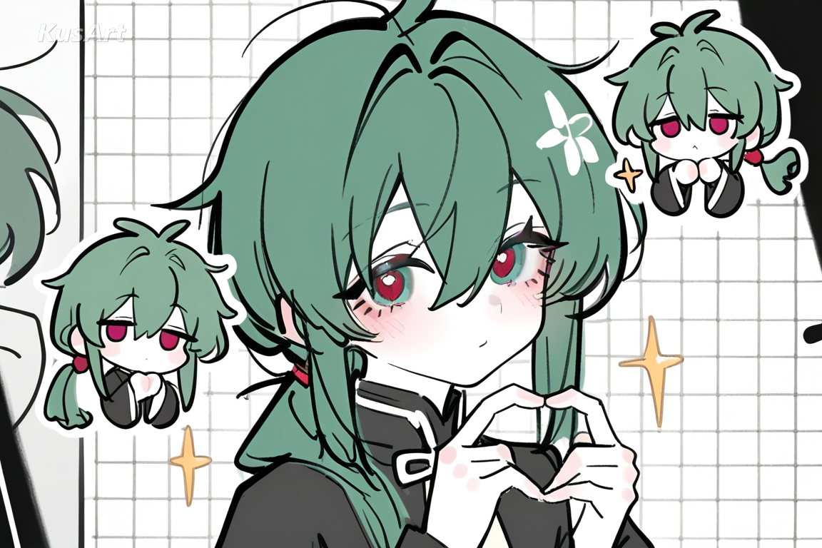 character in colour with tiny chibi version reacting beside them, sticker layer, sparkles, flat backdrop, high quality