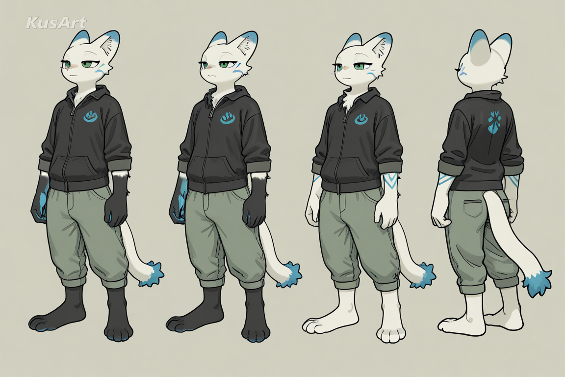 fursona reference sheet in full colour, clothed anthro character full body, accurate species markings, directional fur, painted rendering, neutral background, high quality, masterpiece