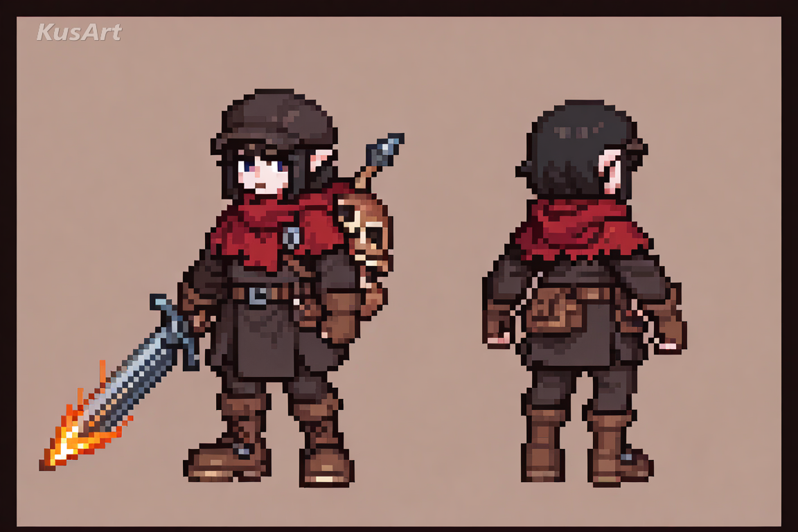 1girl character pixel sprite in full colour, single pixel outline in darker fill colour, no black border, crisp retro game character, clothed, high quality