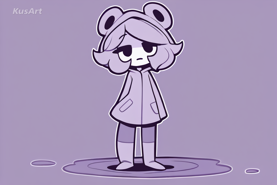 1girl in a raincoat jumping over a puddle, full body, flat toon shading, thick uniform outlines, limited punchy palette, simplified cartoon eyes, fully clothed, face and head fully visible, beautiful, appealing, well composed, high quality, masterpiece