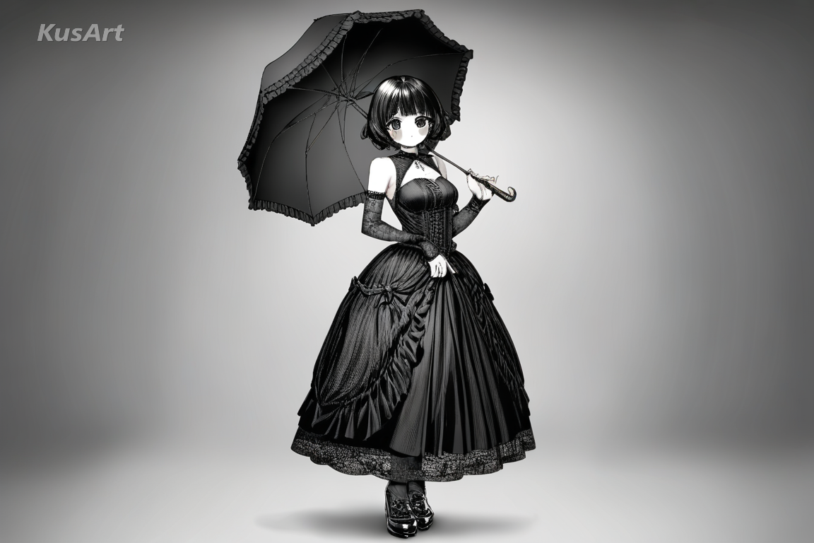 1girl gothic doll in a layered lace dress standing and holding a parasol, gothic doll aesthetic, porcelain skin, oversized glossy eyes, lace and ribbons, muted dark palette, fully clothed, covered shoulders and chest, face and head fully visible, full body in frame, beautiful, appealing, well composed, high quality, masterpiece