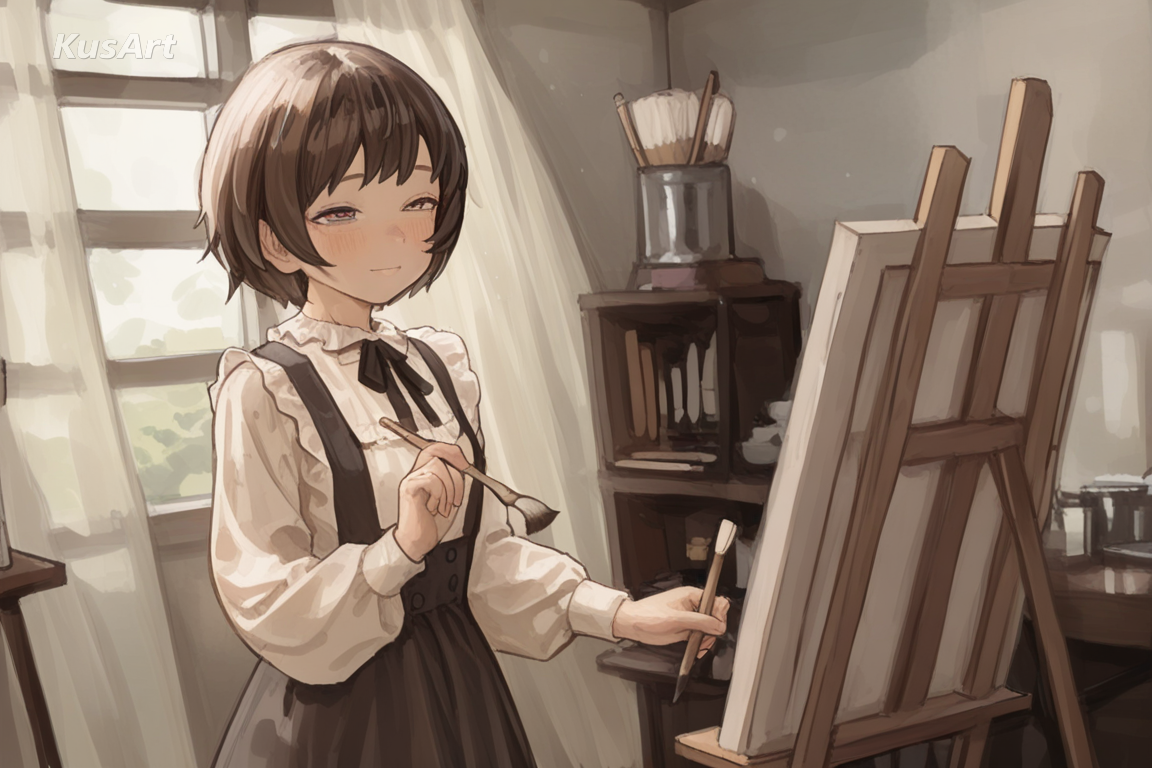 1girl painter holding a brush at an easel, fully clothed, wearing a complete outfit, modest clothing, covered shoulders and chest, smock over long sleeved shirt, dry brush technique, studio interior, high quality, masterpiece