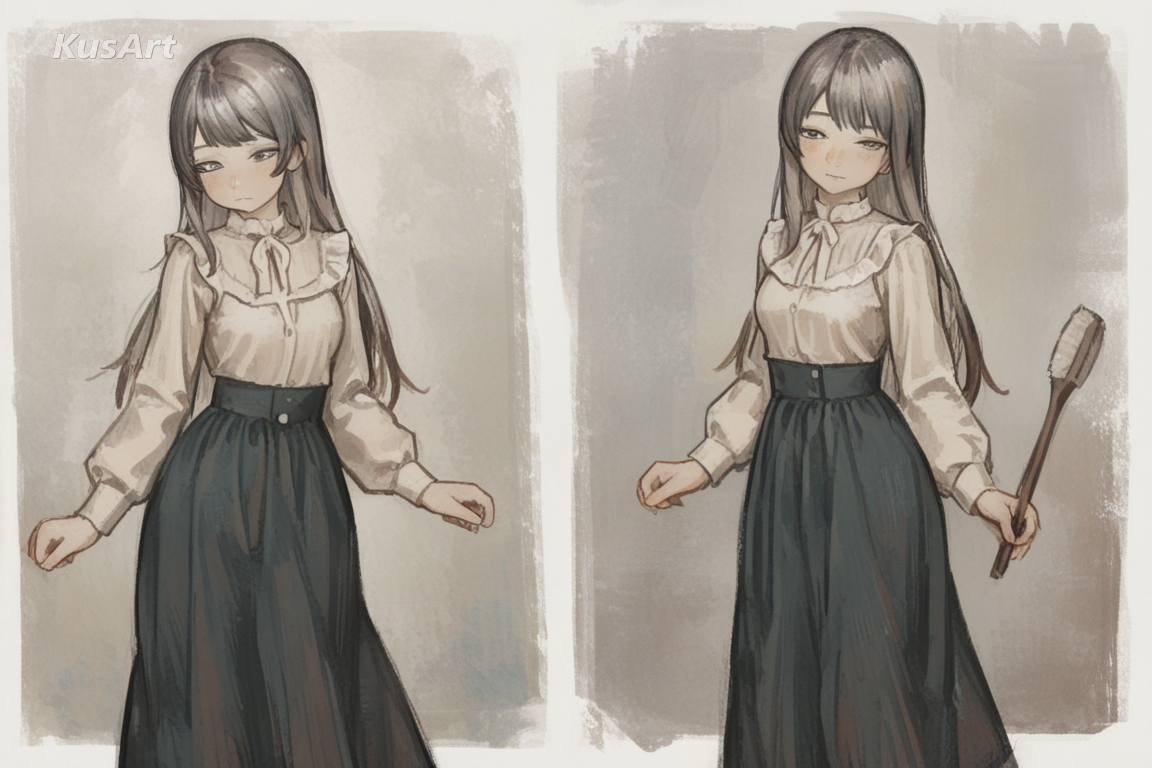 1girl standing, fully clothed, wearing a complete outfit, modest clothing, covered shoulders and chest, long sleeved blouse and long skirt, dry brush texture, visible bristle streaks, muted palette, painterly, high quality, masterpiece