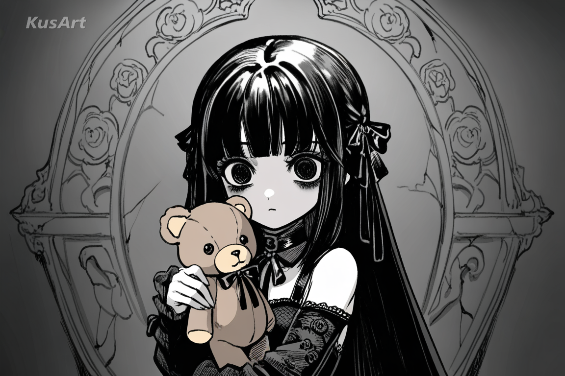 1girl gothic doll wearing a lace dress, upper body portrait, holding a small teddy bear, gothic doll aesthetic, porcelain skin, oversized glossy eyes, lace and ribbons, muted dark palette, the whole head and face are inside the frame and not cropped, fully clothed, covered shoulders and chest, beautiful, appealing, well composed, high quality, masterpiece