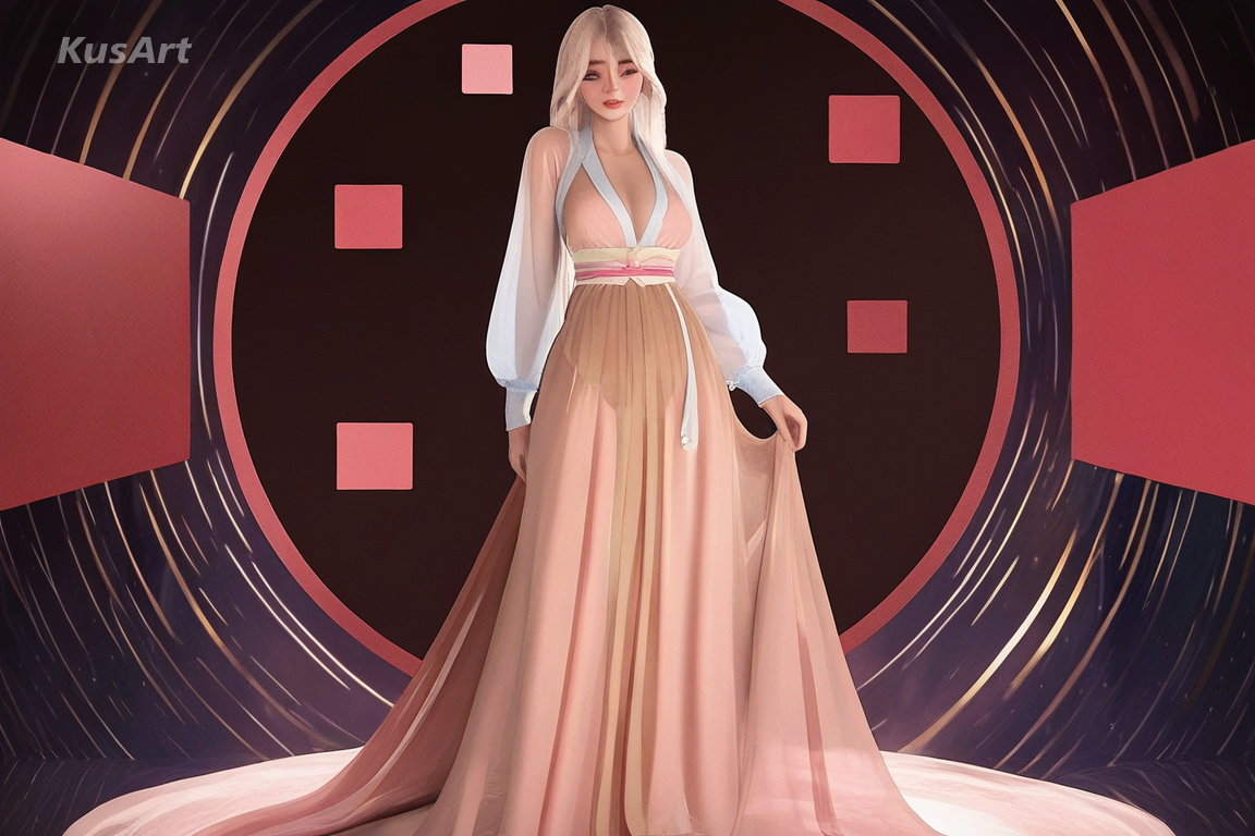 1girl standing, fully clothed, wearing a complete outfit, modest clothing, covered shoulders and chest, long sleeved hanfu style robe, high saturation clashing colour poster art, bold graphic shapes, high quality, masterpiece