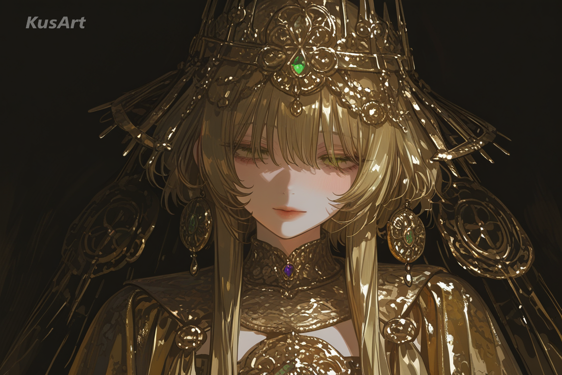 1girl in a brocade gown and gold filigree headpiece, upper body portrait, ornate costume portrait, dense gold filigree and brocade, jewel tone palette, strong raking key light, dark atmospheric backdrop, fully clothed, face and head fully visible, beautiful, appealing, well composed, high quality, masterpiece