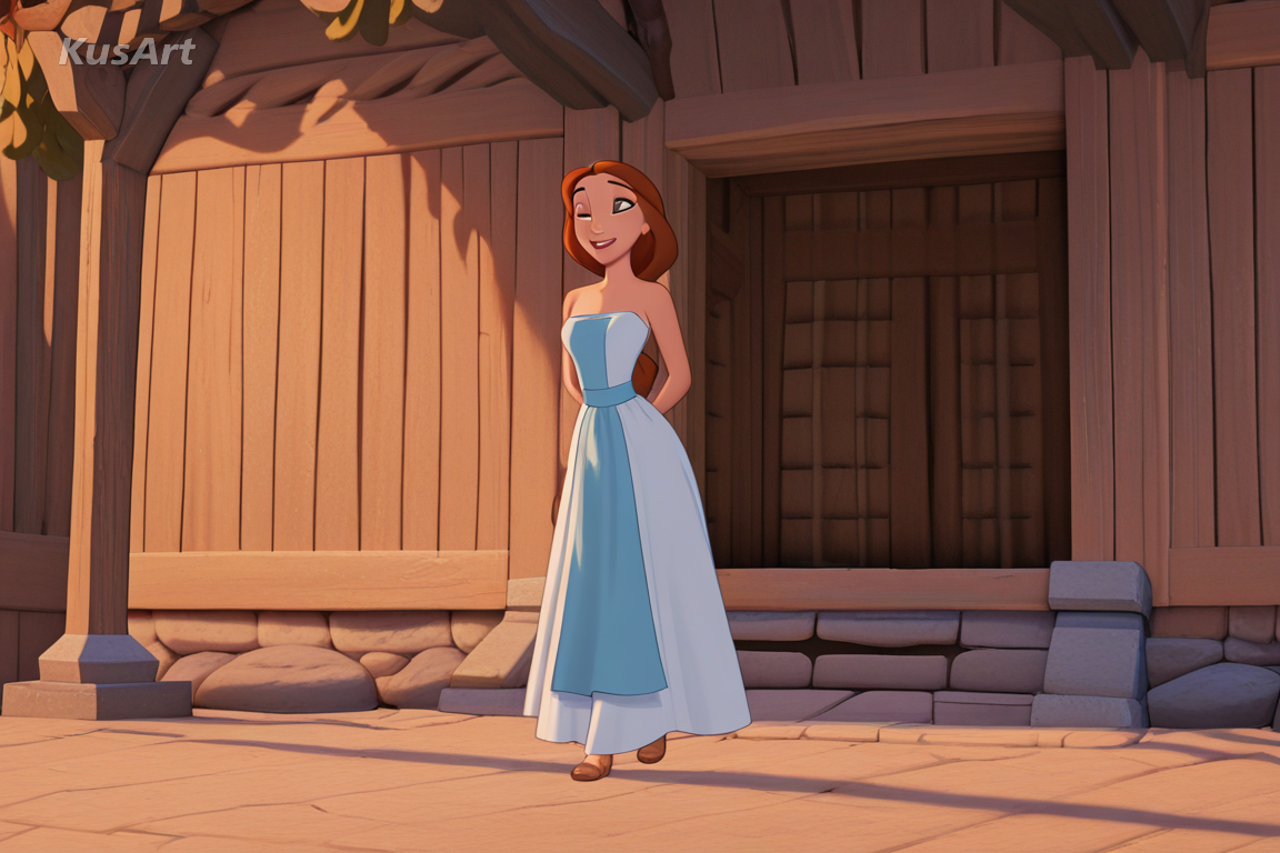 1girl in a village dress walking down a sunlit lane, full body, big screen 3d animated film character, subsurface skin, warm cinematic lighting, expressive rig, fully clothed, face and head fully visible, beautiful, appealing, well composed, high quality, masterpiece