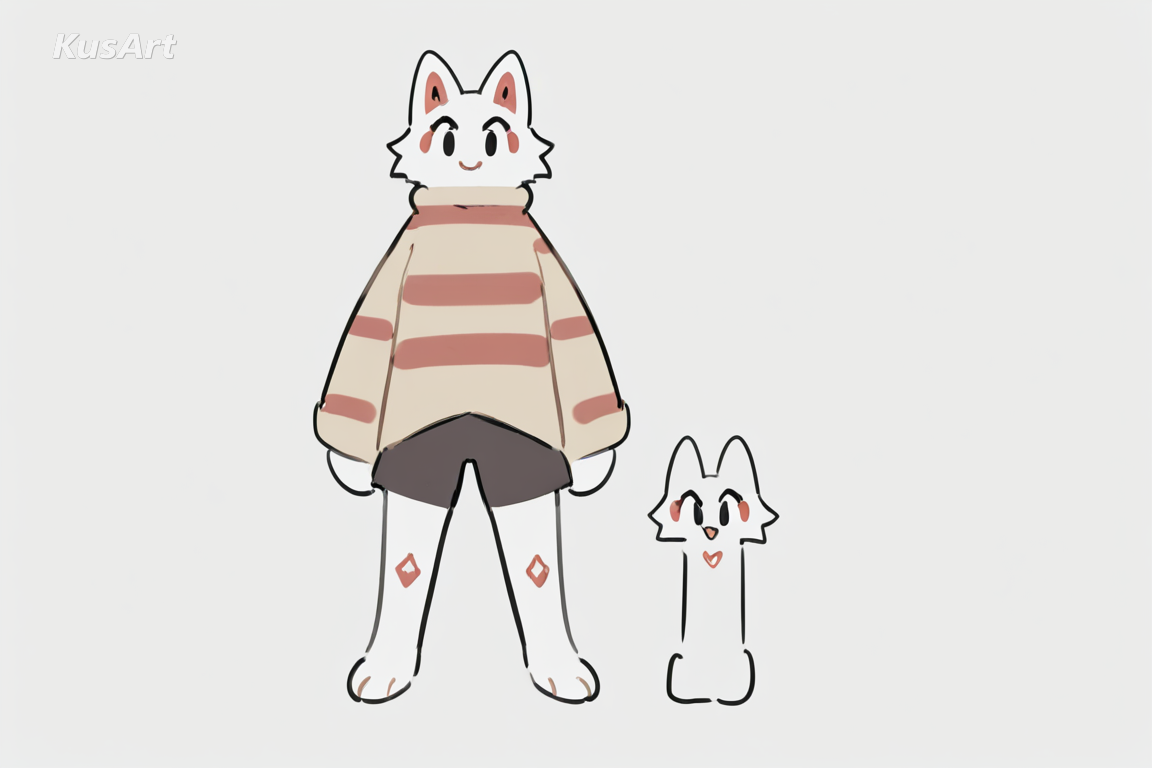 anthro cat character standing, whole figure from head to feet, striped sweater and shorts, front view, anthro character, flat colour coat as clean shapes, crisp outlines, shape based markings, minimal shading, fully clothed, beautiful, appealing, well composed, high quality, masterpiece