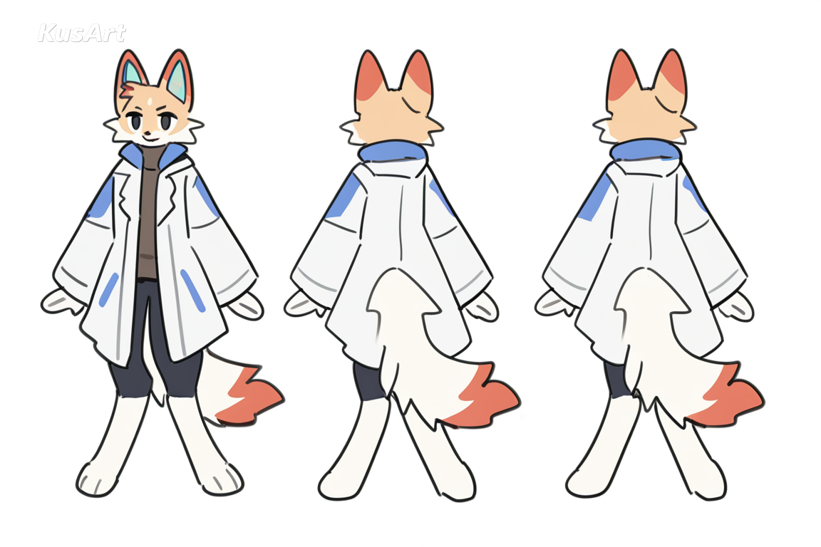 anthro fox character reference turnaround, front and side and back views, full body, anthro character, flat colour coat rendered as clean shapes, crisp outlines, shape based markings, minimal shading, fully clothed, face and head fully visible, beautiful, appealing, well composed, high quality, masterpiece