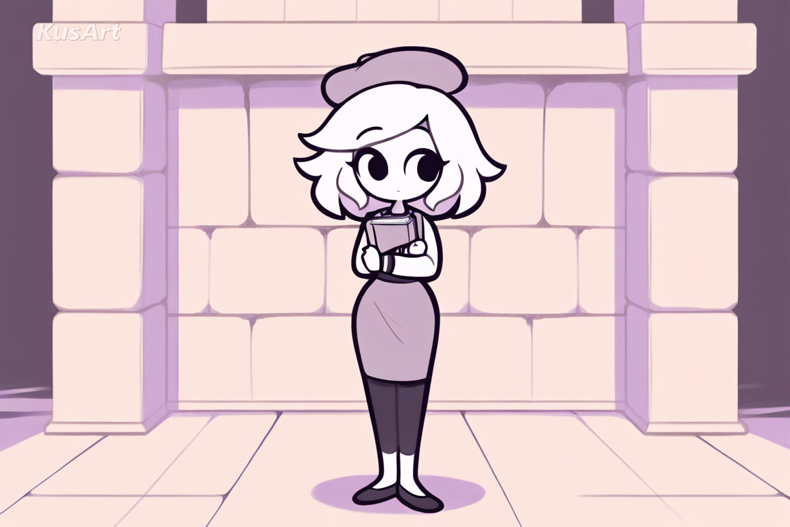1girl in a beret and pinafore holding a book, full body, flat toon shading, thick uniform outlines, limited punchy palette, simplified cartoon eyes, fully clothed, face and head fully visible, beautiful, appealing, well composed, high quality, masterpiece