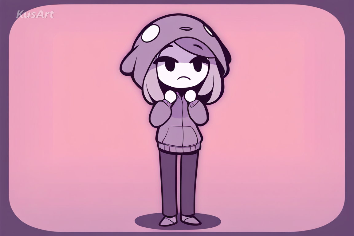 1girl in a hooded jacket giving a small wave, full body, flat toon shading, thick uniform outlines, limited punchy palette, simplified cartoon eyes, fully clothed, face and head fully visible, beautiful, appealing, well composed, high quality, masterpiece