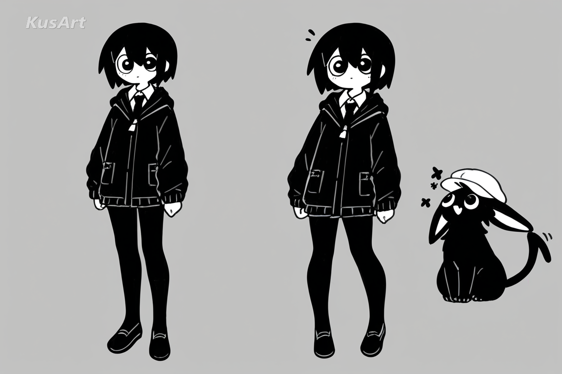 1girl trainer in a cap and jacket standing with a small round creature companion beside her, both smiling at the viewer, full body, cute creature companion design, rounded shapes, bold clean outlines, bright saturated flats, soft cel shading, fully clothed, face and head fully visible, beautiful, appealing, well composed, high quality, masterpiece