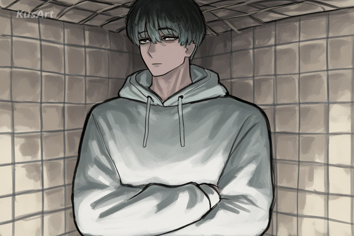 1boy in a hoodie, upper body portrait, arms crossed, calm expression, loose sketch lines with painted colour, visible construction strokes, soft muted palette, the whole head and face are inside the frame and not cropped, fully clothed, covered shoulders and chest, beautiful, appealing, well composed, high quality, masterpiece