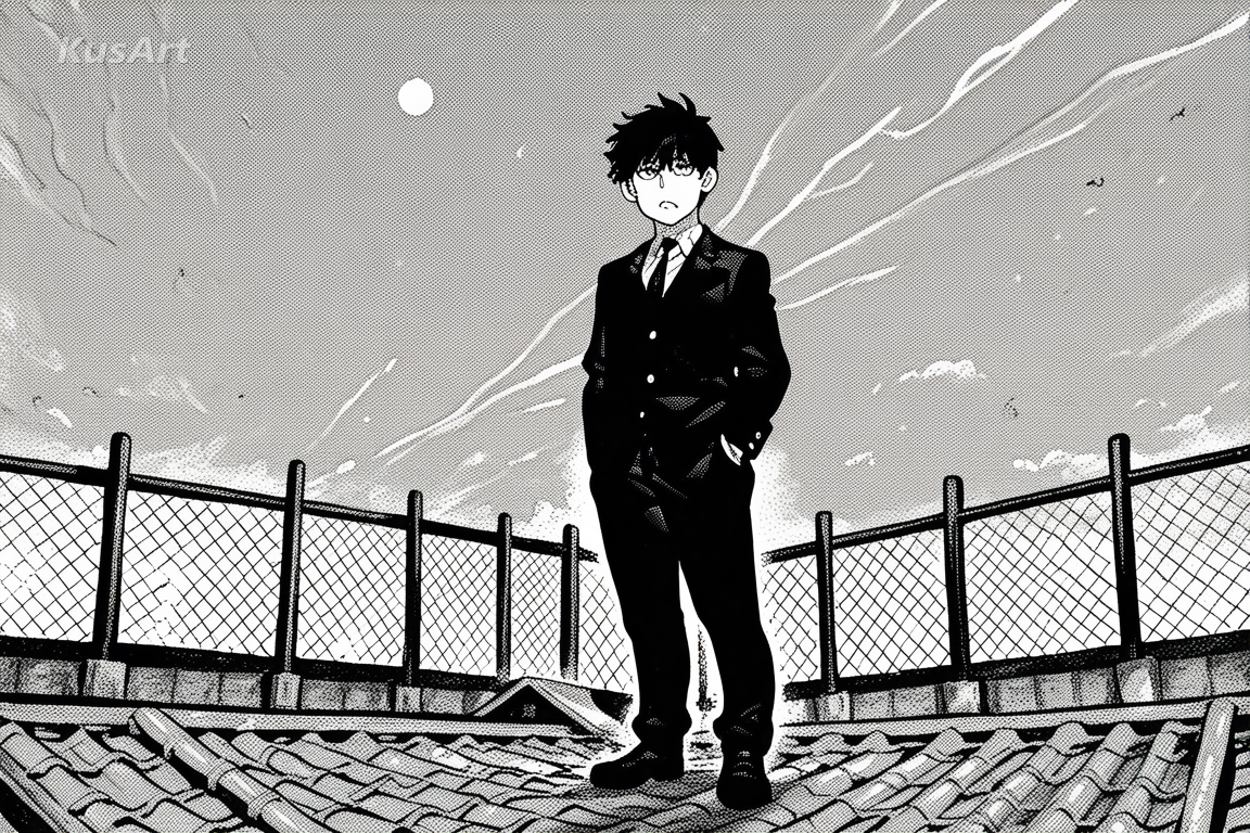 1boy in a school uniform standing on a rooftop at dusk, wind in his hair, full body, black and white manga art, bold ink linework, screentone shading, dramatic hatching, fully clothed, face and head fully visible, beautiful, appealing, well composed, high quality, masterpiece