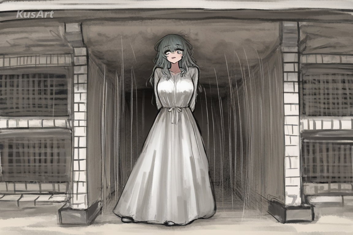1girl in a long dress turning toward the viewer, hair caught mid motion, full body, loose sketch lines with painted colour, visible construction strokes, soft muted palette, fully clothed, face and head fully visible, beautiful, appealing, well composed, high quality, masterpiece