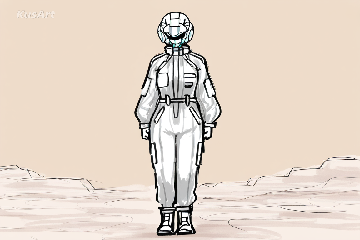 1girl in a pilot jumpsuit standing beside a mecha, average build, modest proportions, loose sketch lines with painted colour, visible construction strokes, soft muted palette, fully clothed, covered shoulders and chest, face and head fully visible, full body in frame, beautiful, appealing, well composed, high quality, masterpiece